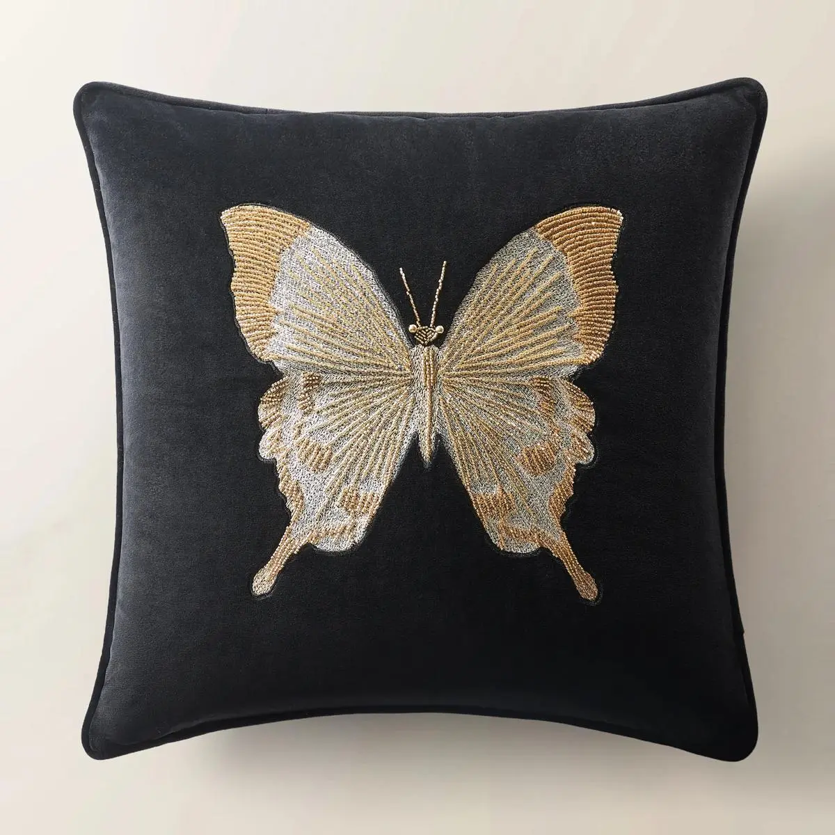 Z Gallerie Bella Butterfly Velvet 20x20" Square Soft Padded Home Decorative Cushion - Removable Insert, Smooth Black Backdrop, Bedroom Room Accessories