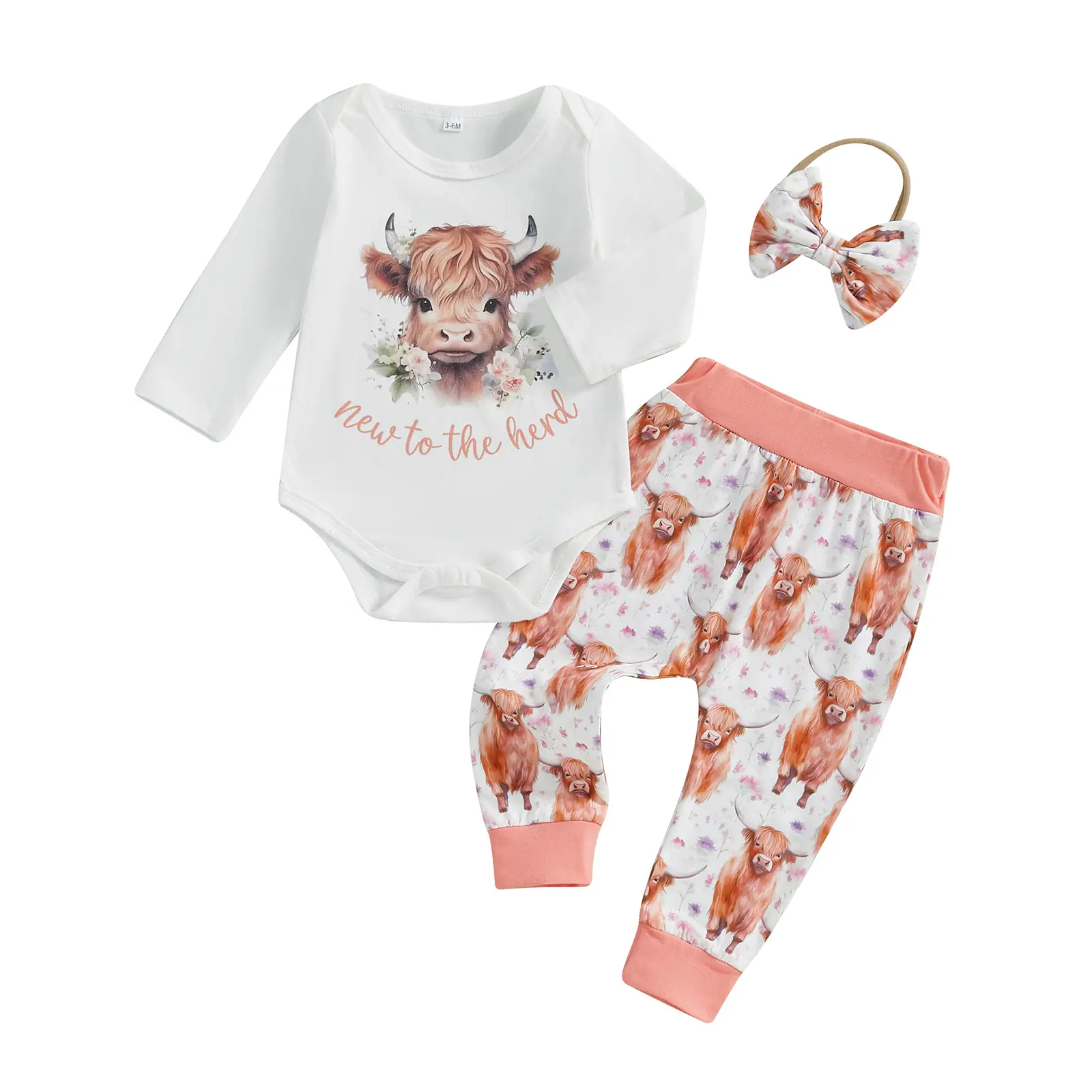 Newborn Baby Girl Western Outfits New to the Herd Romper Bodysuit Highland Cow Jogger Pants Headband 3Pcs Clothes