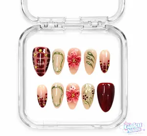 GakuNails RUBY GARDEN 10 PCS Medium Almond Handmade Press On 3D Flower Builder Gel selectable size Reusable Nails