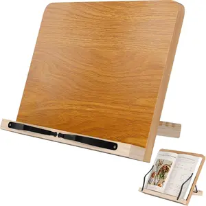 8 Adjustable Height Bamboo Book Stand with Elastic Page Clips, Lightweight Hands Free Desktop Holder for Textbook Cookbook Music Scores Tablet Document Reading
