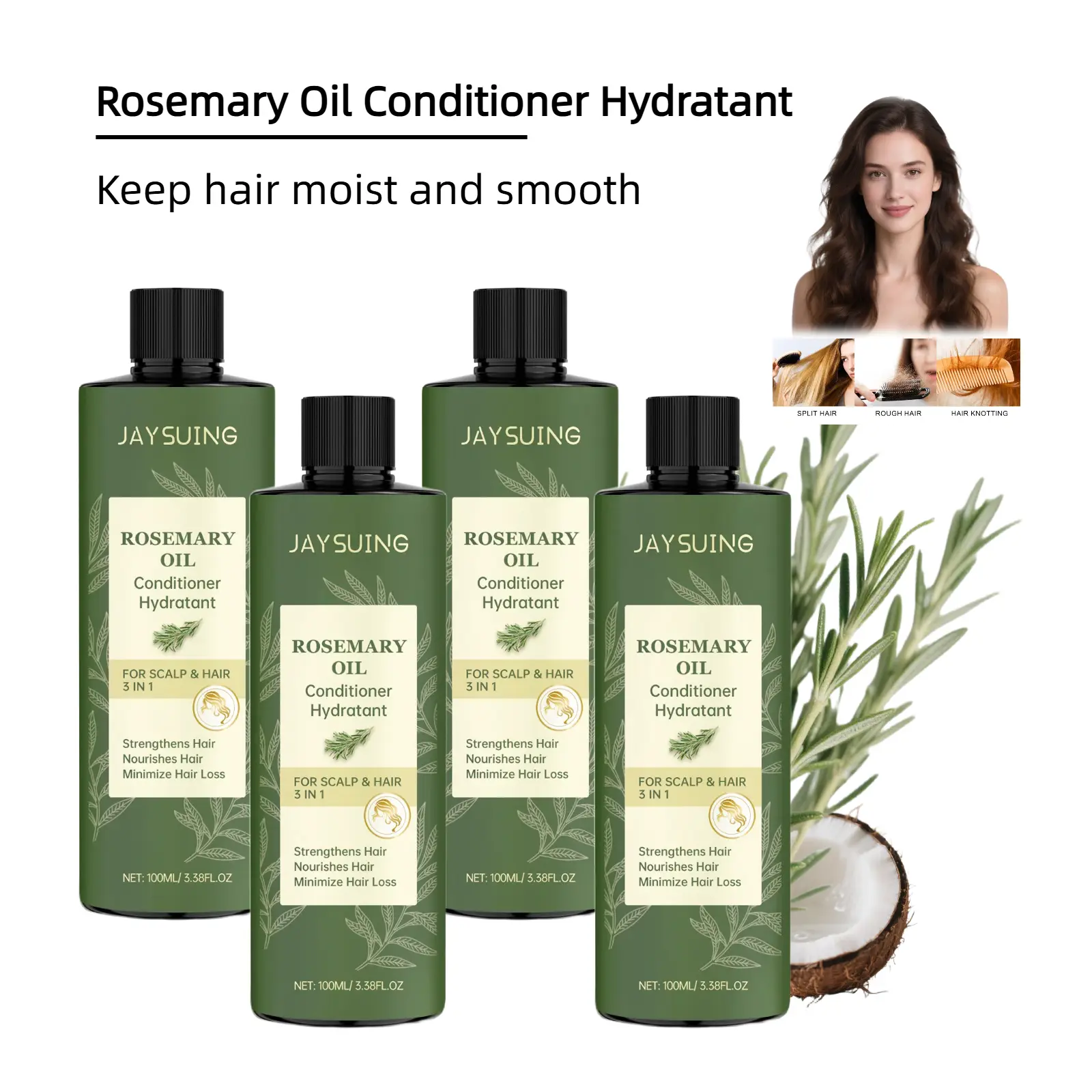 Rosemary Oil Hydrating Conditioner - Mild Coconut Haircare Moisturizer, Penetrates Strands to Hydrate, Repair Damaged Hair, Reduce Split Ends & Breakage, Boost Elasticity, Leave Hair Smooth & Easy to Detangle