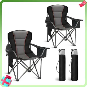 PHI VILLA Oversized Camping Folding Chair, Heavy Duty Support 450 LBS Steel Frame Collapsible Padded Arm Chair with Cup Holder Quad Lumbar Back, Portable for Outdoor