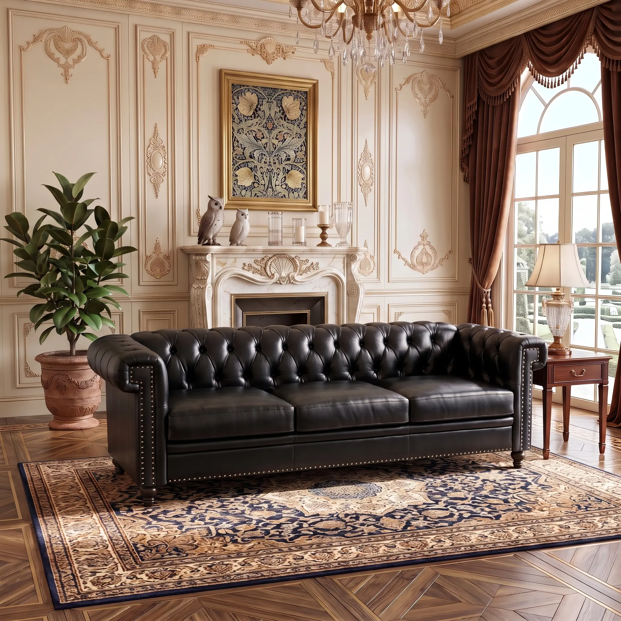84.7" Chesterfield Faux Leather Sectional Sofa, Tufted Traditional Modular Couch, Faux Leather 3-Seater Sofa with Nailhead Trim, Mid-Century Modern Couch Furniture for Living Room, Office, Black