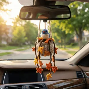 Emotional Support Crochet Bird Car Hanging Charm Handmade Amigurumi Aesthetic Cottagecore Rearview Mirror Accessory Cute Vehicle Decor for Women Teens Ideal Gift for Mother’s Day Christmas Birthday All Season Ornament