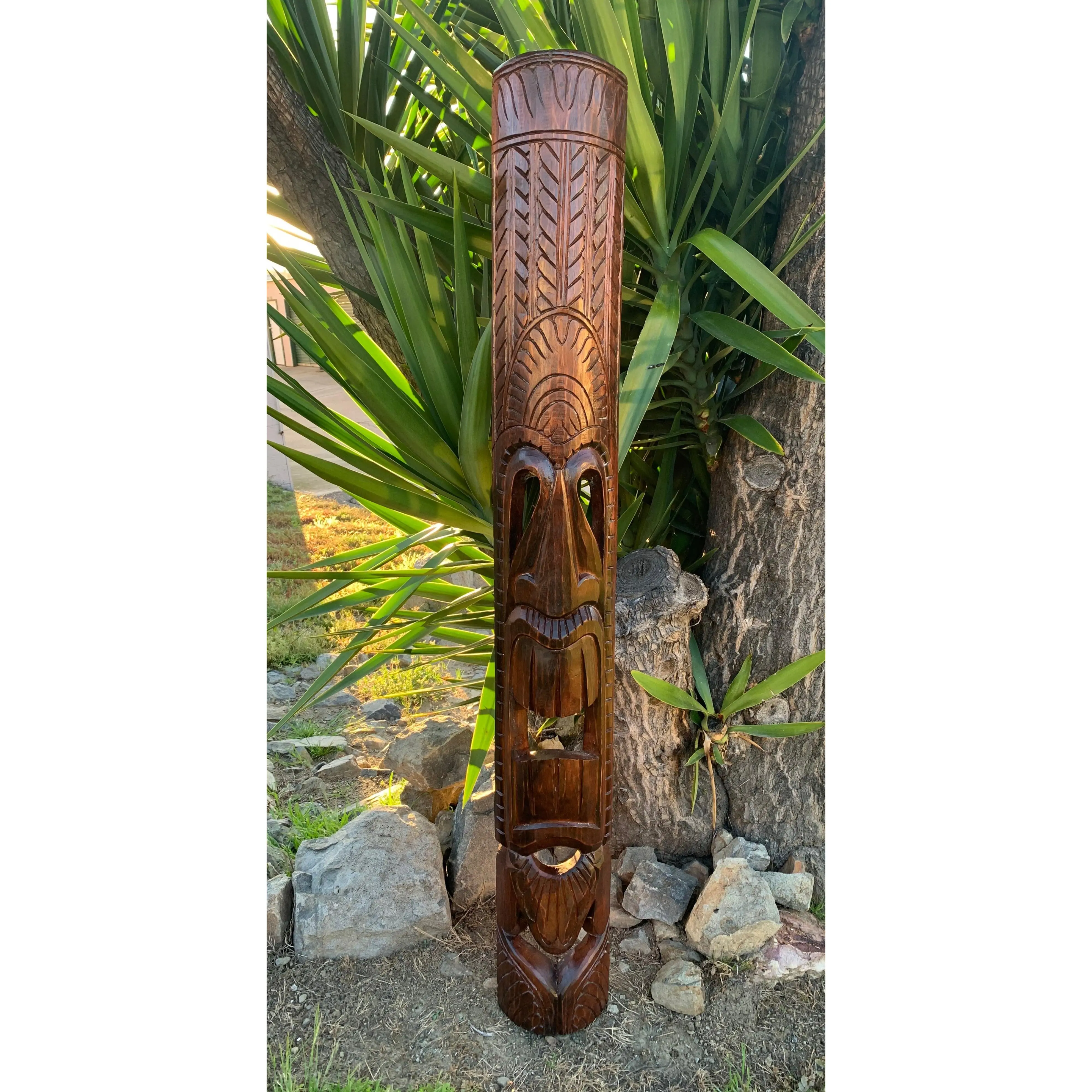 Hawaiian Style Ku Tiki God Hand Carved Wooden Mask 5 ft x 7"in