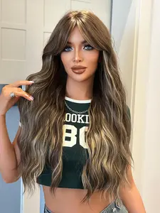 30 Inch Highlight Blonde Brown Wigs for Women - Luxurious Loose Wave with Bangs, Heat-Resistant Synthetic Fiber for Daily Wear, Ideal Festival Party Gift
