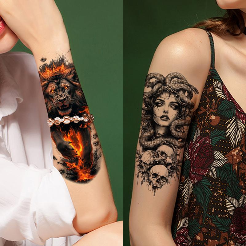 GLARYYEARS 24-Pack Half Sleeve Temporary Tattoos for Adults - Realistic 3D Halloween Cosplay, Lion, Eagle, Skull, Jesus & Greek God Gothic Designs | Waterproof Forearm Body Stickers for Men & Women