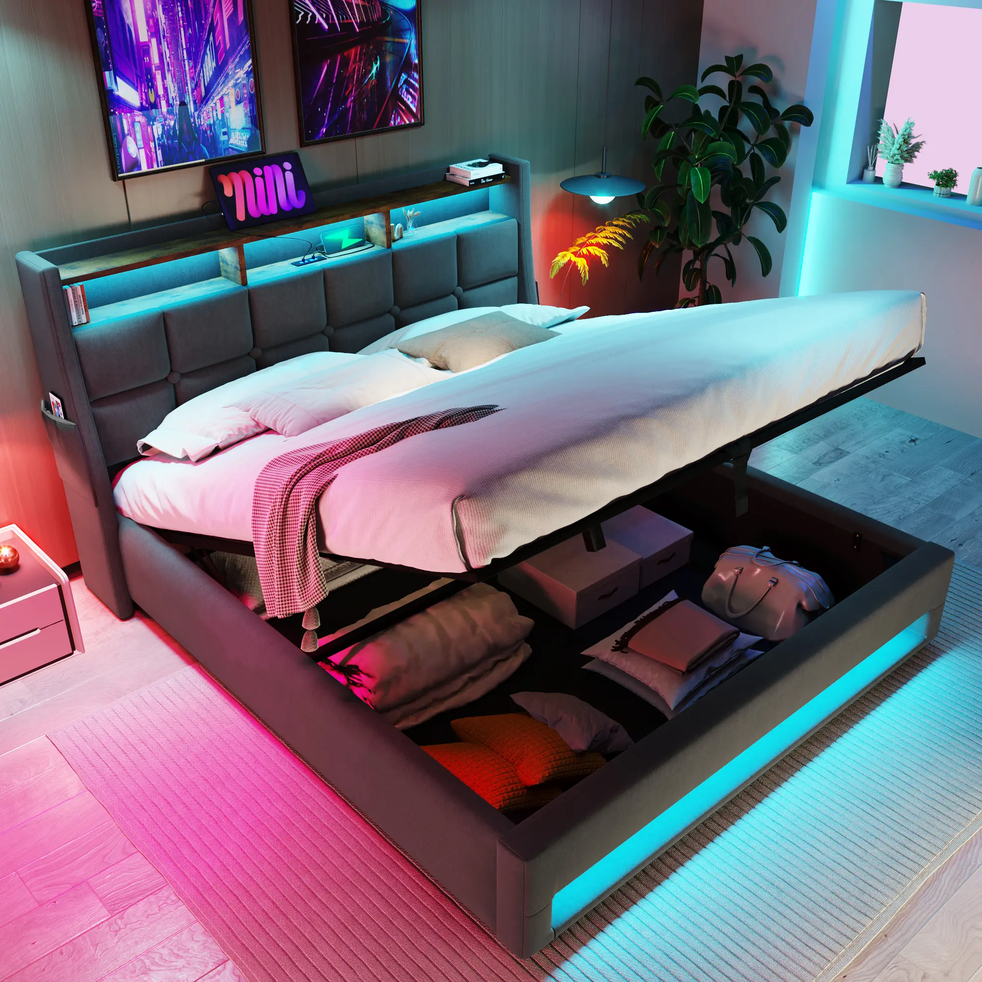 Queen Size Lift Up Storage Bed with USB Charging and LED Lights, Modern Upholstered Queen Platform Bed Frame with Hydraulic Storage System for Bedroom, No Box Spring Needed