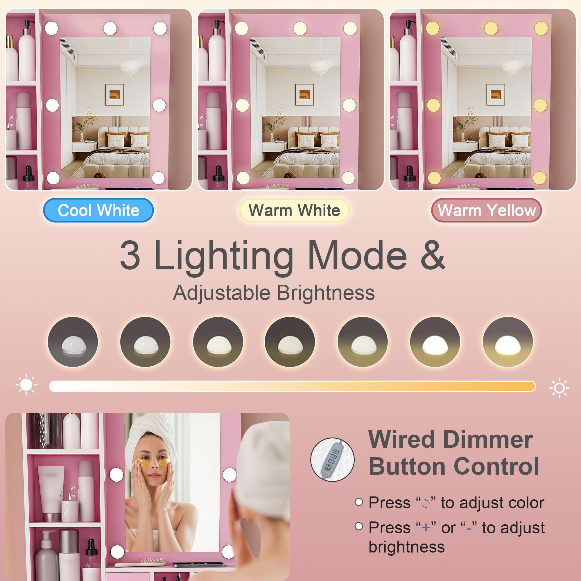 Makeup Vanity Desk with Adjustable LED Mirror, Built-in LED Lighting, Power Outlet, Hairdryer Holder & Stool, Compact Indoor Furniture for Small Bedrooms (Fixes Poor Lighting & Tangled Cords), Adjustable Led Vanity Mirror Makeup Vanities