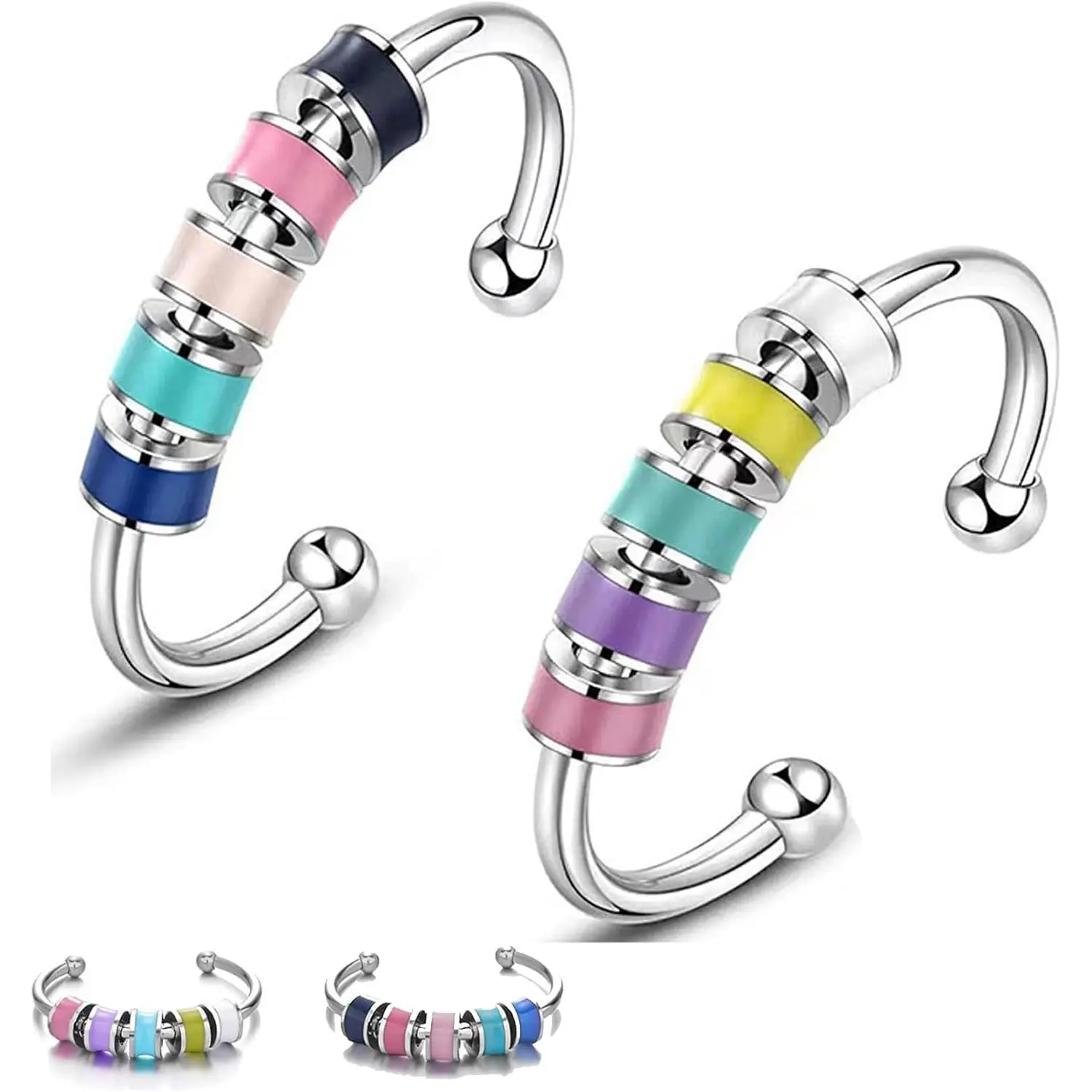 2-Piece Cute Fidget Ring Set with Rotatable Beads, Adjustable Alloy Spinner Rings for Women & Men - Graduation & Anniversary Gift for Calm Feeling, Adjustable Size, Casual, Club, Colorful Enamel, Unisex, Contrasting Color, Daily, Everyday