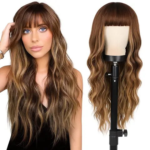 Sohochic AISI Synthetic Curled Wig with Bangs - 26 in Long Layered Wavy, Dark Roots Ombre Root Blend Brown Highlights, 260±10g Knot-Resistant Fiber, 21.5-22.5 inches Cap Size, Adds Vitality for Beginners Daily Wear