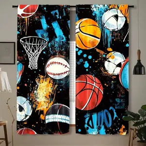 2D Flat Print Curtains Set of 2, Sports Theme with Football Basketball Rugby Designs, Bedroom & Living Room Decor, Polyester Rod Pocket, Hand Washable