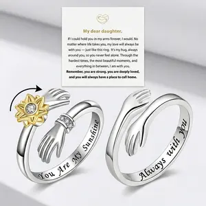 NBR2 2pcs To My Daughter Hug Rings, Silver Anxiety Rings - Always with You & You Are My Sunshine Adjustable Engraved Ring,spinning Sunflower Stress-relief Ring, Includes Gift Box and Greeting Card, Non Tarnish Jewellery Birthday Gift