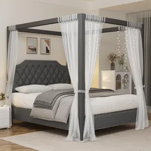 Queen Size Canopy Bed Frame with Nailhead Decoration Headboard，Upholstered Bed Frame with Poles 4 Corner Bed Bracket,Solid Wood Slats Support,Gray