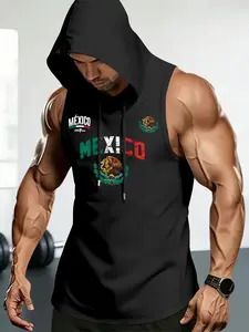 Men's Sleeveless Hooded Tank Top, Mexican Theme Print, High-Quality Breathable Fabric, Comfortable Loose Fit Sporty T-Shirt, Workout Vest, Sleeveless Sports Vest, Gym Workout Wear, Sleeveless Gym Tops