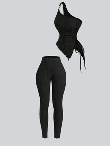Two-Piece Set Women's Solid Ribbed Crop Tank Top & Skinny Pants, Casual Fashion Cozy Top & Trousers for Daily Outdoor Wear, Ladies Summer Clothes, Athleisure Wear Set, Minimalistic Activewear, Workout Sets Women