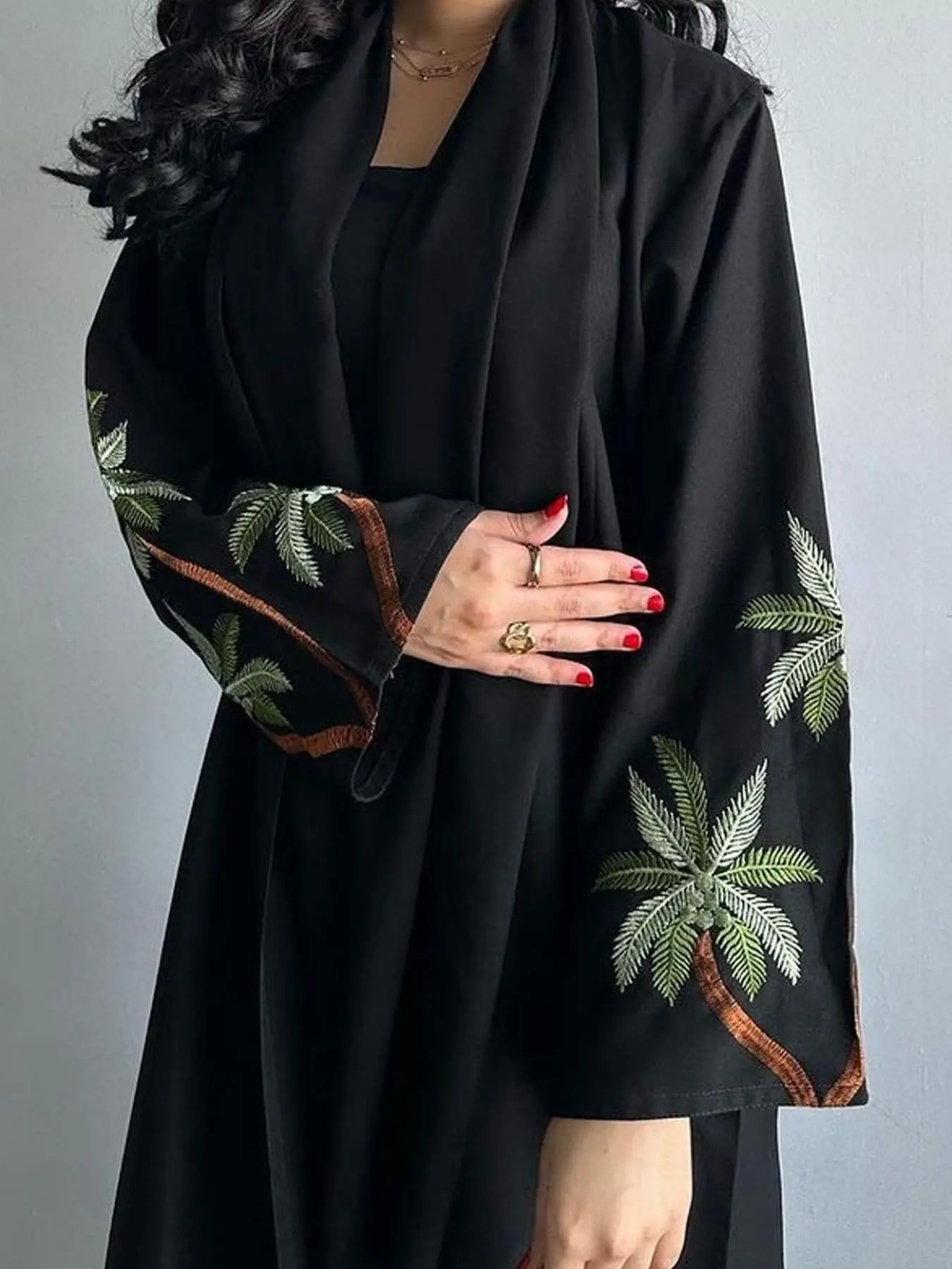 Women's Plants Embroidery Abaya, Elegant Long Sleeve Open Front Kaftan Abaya for Party Holiday Vacation, Ladies Spring & Fall Clothes