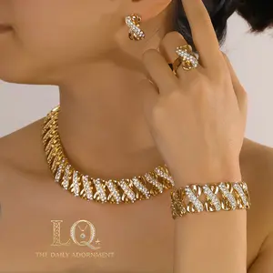 LQ Luxury 4-Piece Gold Plated Jewelry Set for Women - Crystal Infinity X-Link Necklace, Bracelet, Earrings & Ring - Heavy Chunky Statement Choker Accessories for Wedding, Party, Church & Gala - Dubai Style Bridal Gift for Mom Wife (Gold Tone)