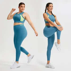 AFZ 2 Pcs Sets Plus Size Women's Sports Underwear Zip Front Sports Bras Top Pocket Leggings Set with Bra Pad Comfort Gym suits