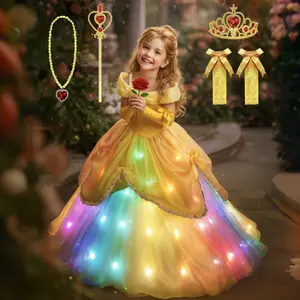 UPORPOR Light-Up Yellow Princess Dress for Girls – 100+ LED Modes, Music Sync, Halloween Christmas Costume with Accessories (Ages 3-9)