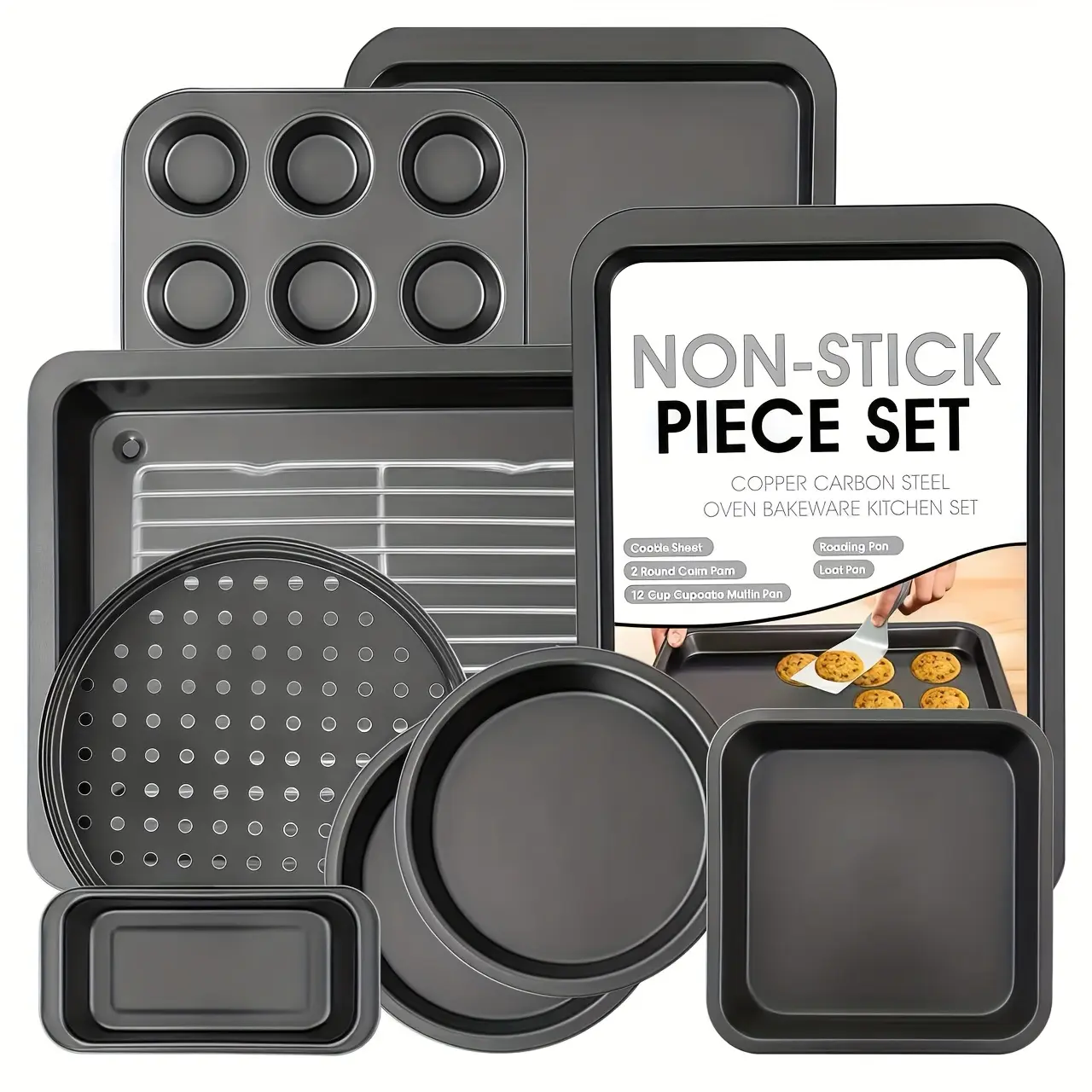 10-Piece Commercial-Grade Carbon Steel Black Anti-Stick Baking Set - Oven-Ready Bakeware with Cooking Utensil Sets, Great Baking Gift for Enthusiasts, Dishwasher Safe for Commercial-Grade Use