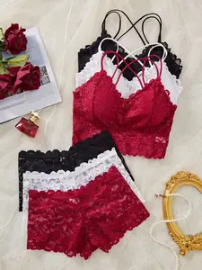 3-Piece Sexy Floral Lingerie Set, Bra Sets, Wireless Buckleless Bra, Medium Support, Fitted, Lined, All Seasons, Women's Underwear