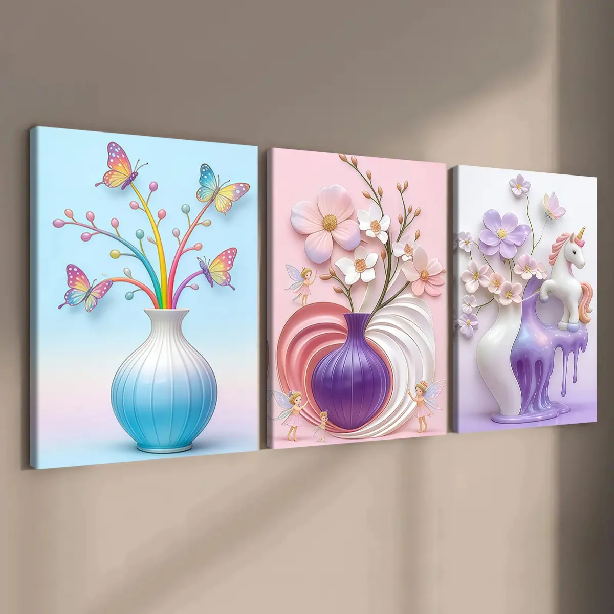 3-count wooden frame canvas, Canvas Decor Painting, girlish gradient unicorn and flower fairy art poster, healing fairy tale style decoration, living room decoration, suitable for corridor and bedroom walls, waterproof art