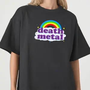 Death Metal Rainbow Graphic Tee, Funny Ironic Death Metal Meme Design, Novelty Concert Shirt, Humorous Heavy Metal Style Tee, Unisex, Comfortable, All‑Season Wear
