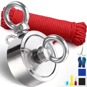 Neodymium Magnet Fishing Kit, 800lbs Double Side Fishing Magnet with Grappling Hook 66FT Strong Rope Gloves Tools Full Set, Heavy Duty Rare Earth Magnet with Countersunk Hole Eyebolt for Retrieving Items in River Lake Beach Lawn - 2.63inch / 67mm Diameter