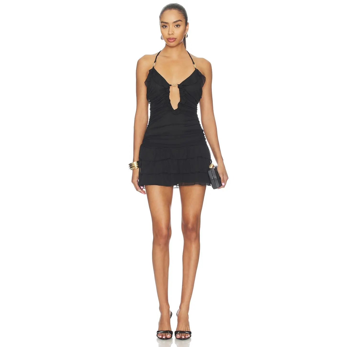 Runaway The Label Avani Deep-v Ruffle Mini Dress in Black