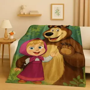 3D M-Masha and Bear Cartoon Flannel Blanket Soft Warm Throw Blanket for Bed Bedroom Room Living Room Picnic Family Friends and Kids Gift Christmas Present