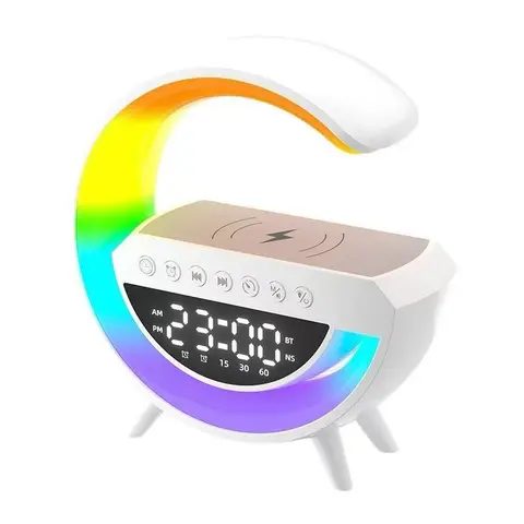 BT-3401 Plastic Multifunctional Desktop Speaker - Wireless Speaker with RGB Atmosphere Lamps, Alarm Clock, Wireless Charger, Bluetooth Functionality, Digital Display, Battery-Powered Lightweight Portable Decorative Bedroom Accessory