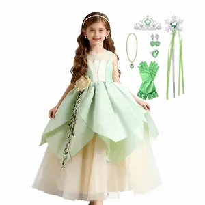 LOEL Princess Tiana Costume for Girls Light Green & White Dress with Leaf Shape Artificial Flowers Layer Skirt Perfect for Birthday Halloween Cosplay Themed Parties
