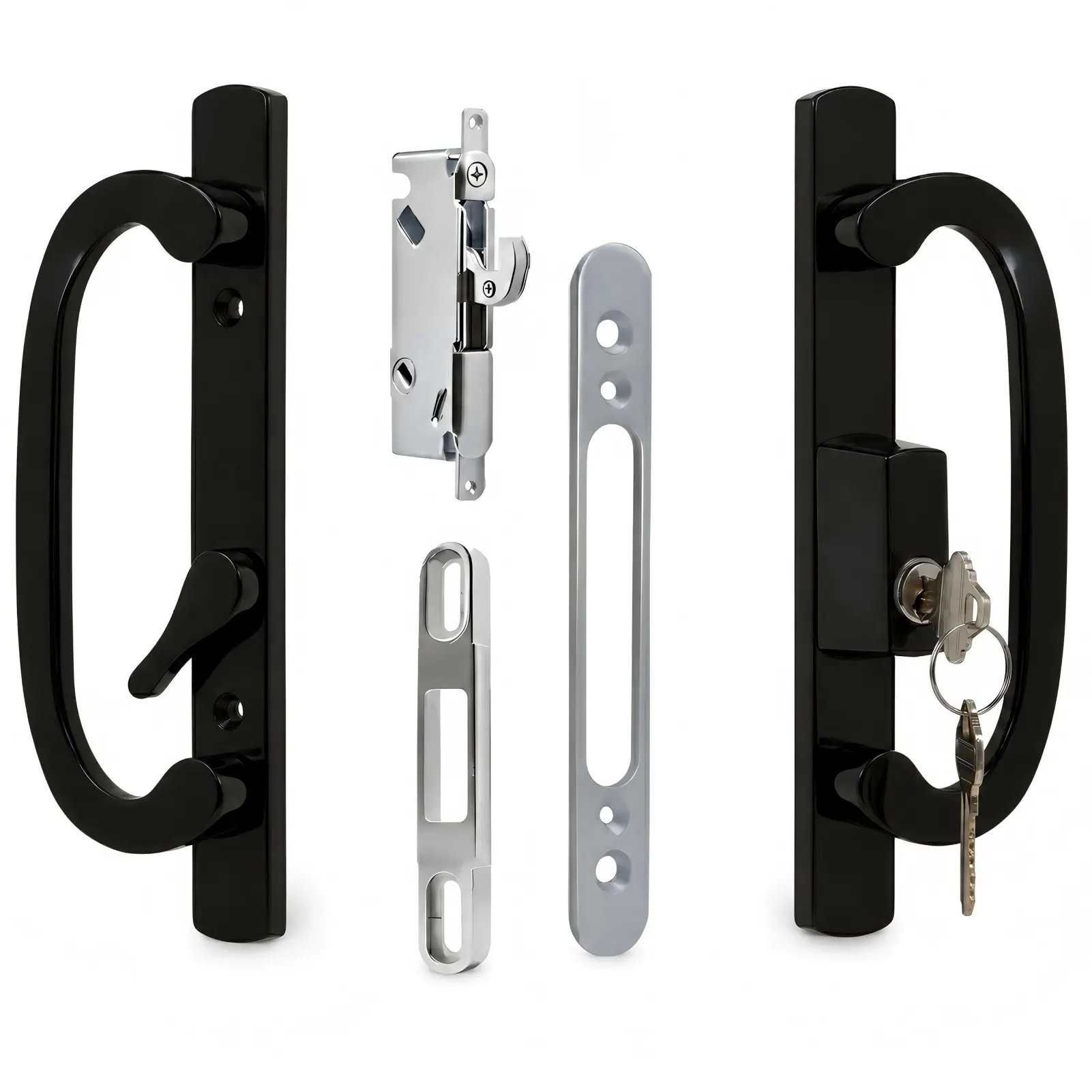 Teilmix Black Offset Keyed Sliding Patio Door Latching Handle Set with Mortise Lock, Fits 1-3/8" to 2" Doors, 3-15/16" H.C., Non-Handed, 3-15/16 Inch Hole Spacing, Door Handles