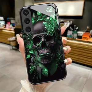 Skull with Greenery  2D pattern suitable for Samsung Galaxy S25 S25edge S25FE S25Plus S25ULTRA 5G Pretty Protective Phone Case,Black Frame Glass Phone Case Casing Individual Design,Is Suitable for Every Holiday Gift