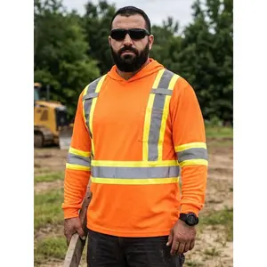 Long Sleeve Hooded Safety Tee with Reflective Stripes & Pocket – 100% Polyester