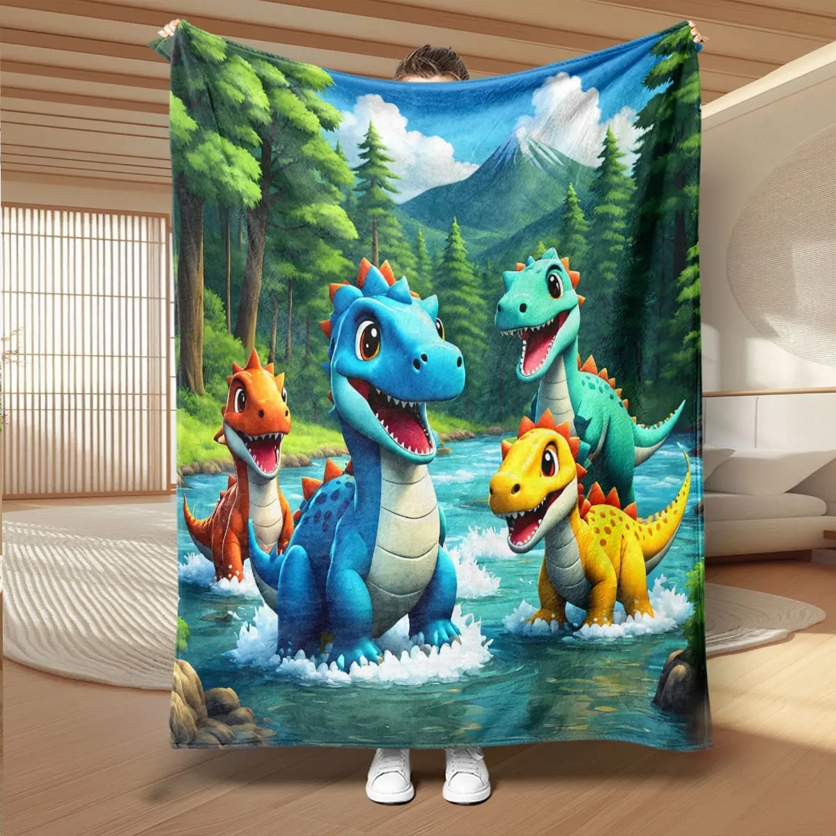Kids Dinosaur Forest Cartoon Classic Flannel Fabric Blanket - Hypoallergenic, Fuzzy, Cozy, Wrinkle Resistant, Breathable All-Seasons Bedding Throw for Camping, Family Use, Ideal Children’s Gift
