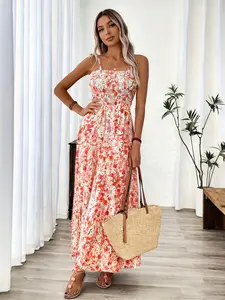 Women's Ditsy Floral Print Tie Shoulder Cami Dress, Boho Sleeveless Spaghetti Strap Long Dress for Beach Holiday Vacation, Ladies Summer Clothes