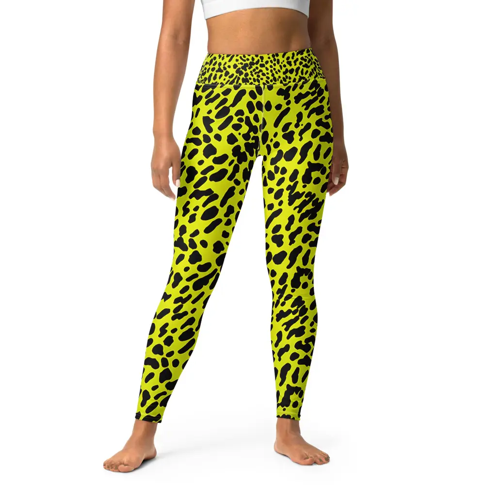 Yellow Cheetah Print Yoga Leggings Blended Almost Seamless Impact High-Waist Raised Waistband
