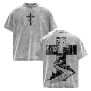 Vintage Washed Oversized Christian Cross Path Gym T-Shirt for Men, Western Cross Warrior Graphic Tee with Faith Strength Design, Ideal Athletic Workout Training Pump Cover Shirt