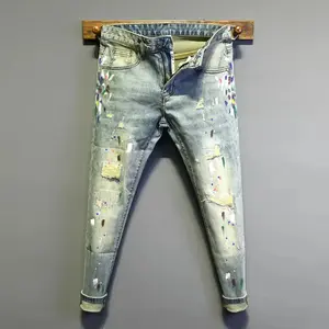 y2k fashion new men's jeans painted elastic slim fit scratch yellow blue jeans designer high-jeans