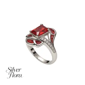 Holy Light · Red Flame Shimmer · Micro-set Interlocking Streamlined S925 Silver Ring — Streamlined Interlocking Vine Band + Multi-Layer Color-Contrast Micro-Set Craftsmanship + Four-Prong Setting. Suitable for everyday commuting, refined dates, evening pa