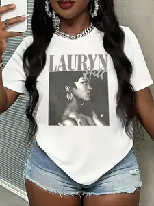 Women's Lauryn Hill Print Round Neck Tee, Vintage Trendy Casual Streetwear Fitted Short Sleeve T-shirt for Daily Wear, Ladies All Seasons, Top