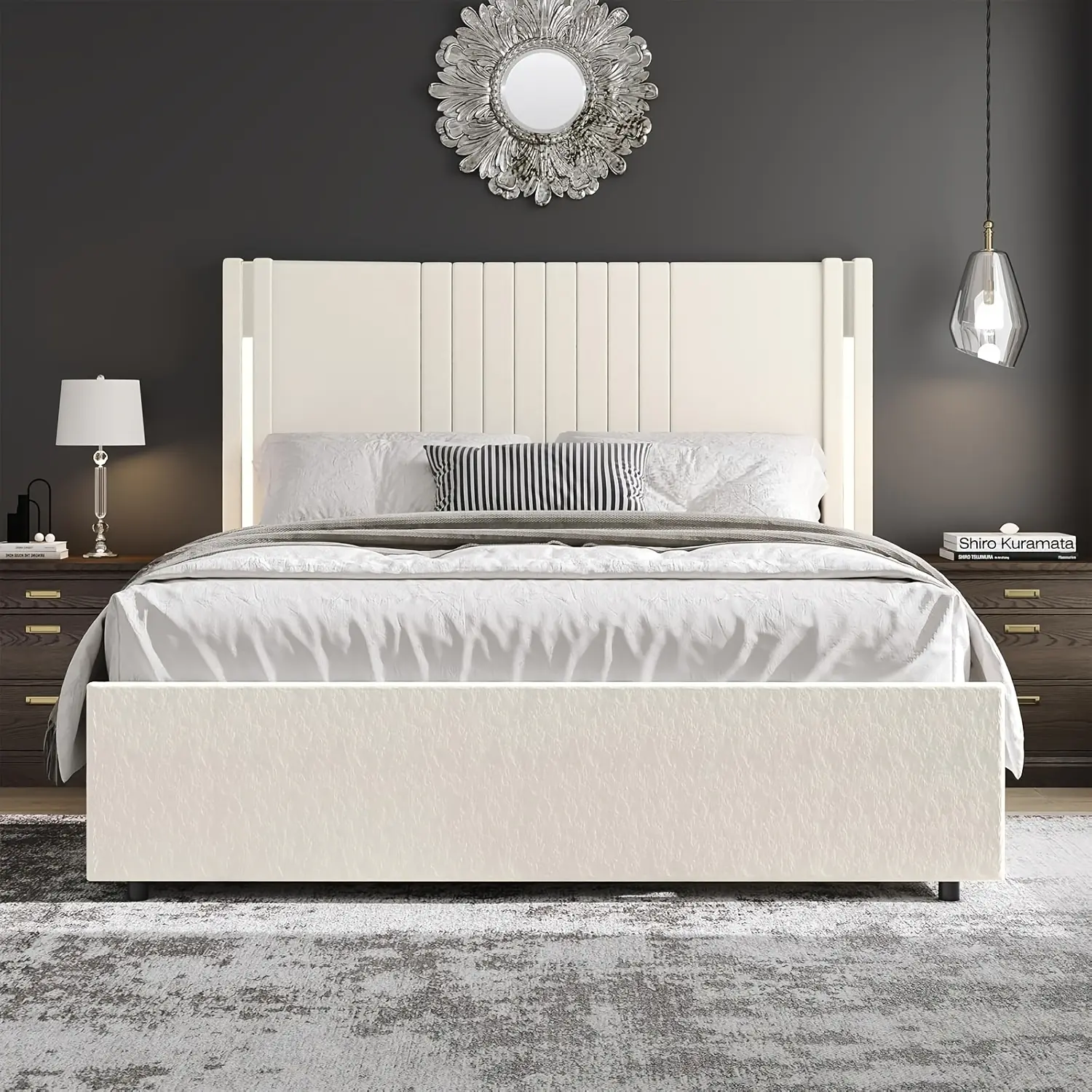 [DealsForYouDays][Summerwins] HOMBCK HOMBCK Full Queen King Bed Size Frame, Velvet Upholstered Platform Bed with Channel Tufted Headboard, Chrome Finished Wing Edge, Wooden Slats, No Box Spring Needed, Easy Assembly, White
