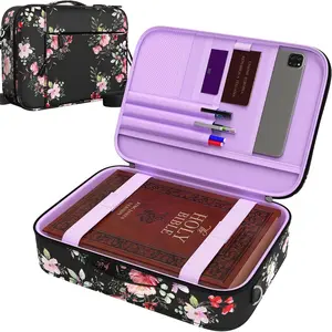 Bible Carrying Cases for Women and Men, Floral Black Large Size Bible Cover, Fits 10.1 X 7.1 X 1.9 in Books with Pen Slots, Zippered Pocket, Adjustable Shoulder Strap, Premium Fabric Bible Bag