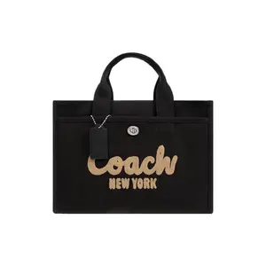 Coach Cargo 34 Logo Zipper Canvas And Grosgrain Shoulder Crossbody Tote Bag Large Women's Black