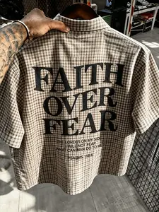 Men's American Classic Vintage Plaid Short Sleeve Shirt, Comfortable Breathable Fabric, English Print + Bible Verse, Casual Loose-Fit Blouse