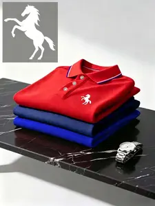 3-Pack Men's Horse Logo Polo Shirts, Colorblock Stripes, Breathable Fabric, Classic Button Design, Summer Casual Business Top, Striped Polo Shirt