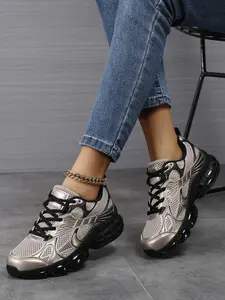 Women's Comfortable Thick Sole Sporty Sneakers, Outdoor Sports Sneakers, Textile Upper, Medium Width, Outdoor Travel Training Shoes, Gun Color