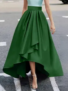 ZANZEA Women's Silky Satin Skirt - Elegant Cross Design, Front Short Back Long Asymmetrical Hem, Basic Style Bottom for Dates, Parties, Womenswear